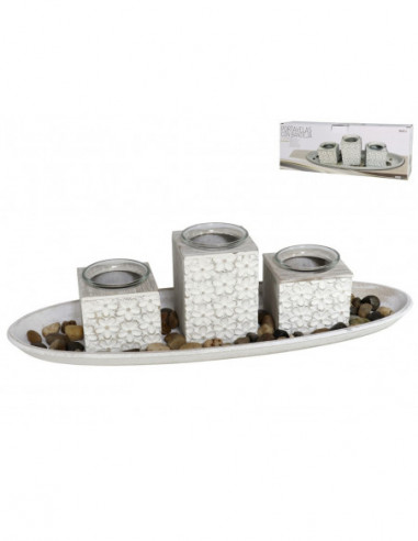 SET 3 PORTAVELAS FLOR C/BANDEJA 39X14CM